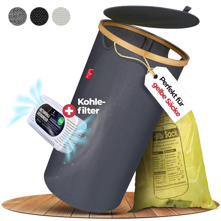 Levio® Gelber Sack Ständer mit Deckel – Müllsackhalter [80L mit Geruchsfilter] – Mülltonne Gelber Sa