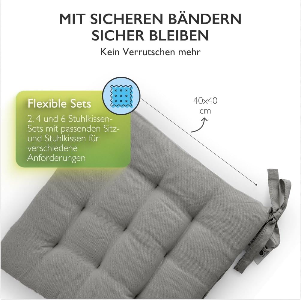etérea 2er Set Sitzkissen Outdoor 40x40 mit Bändern - Stuhlkissen Grau für Gartenstuhl & Innenbereic
