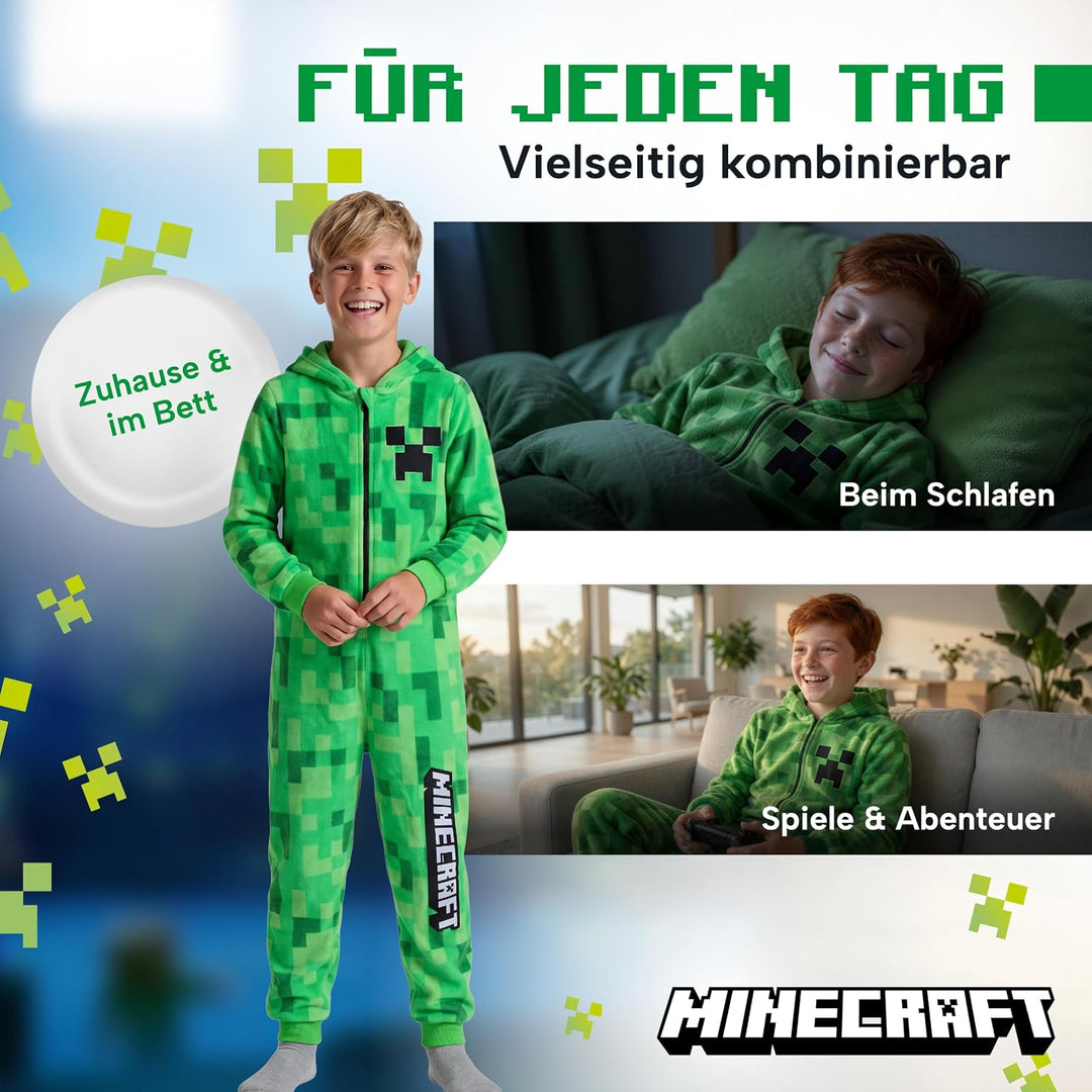 Minecraft Onesie Creeper Fleece Jumpsuit Sleepsuit Gamer Geschenk Schlafoverall mit Kapuze für Junge
