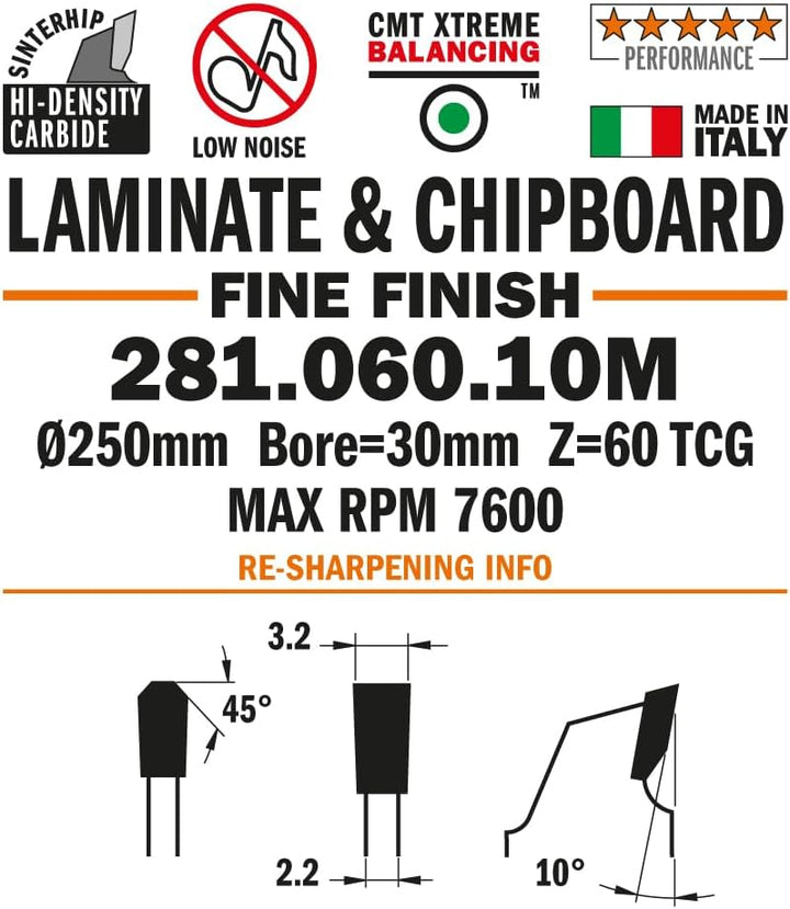 CMT Orange Tools 281.060.10 M – Kreissägeblatt 250 x 3,2 x 30 Z 60 TCG 10 Grad leise