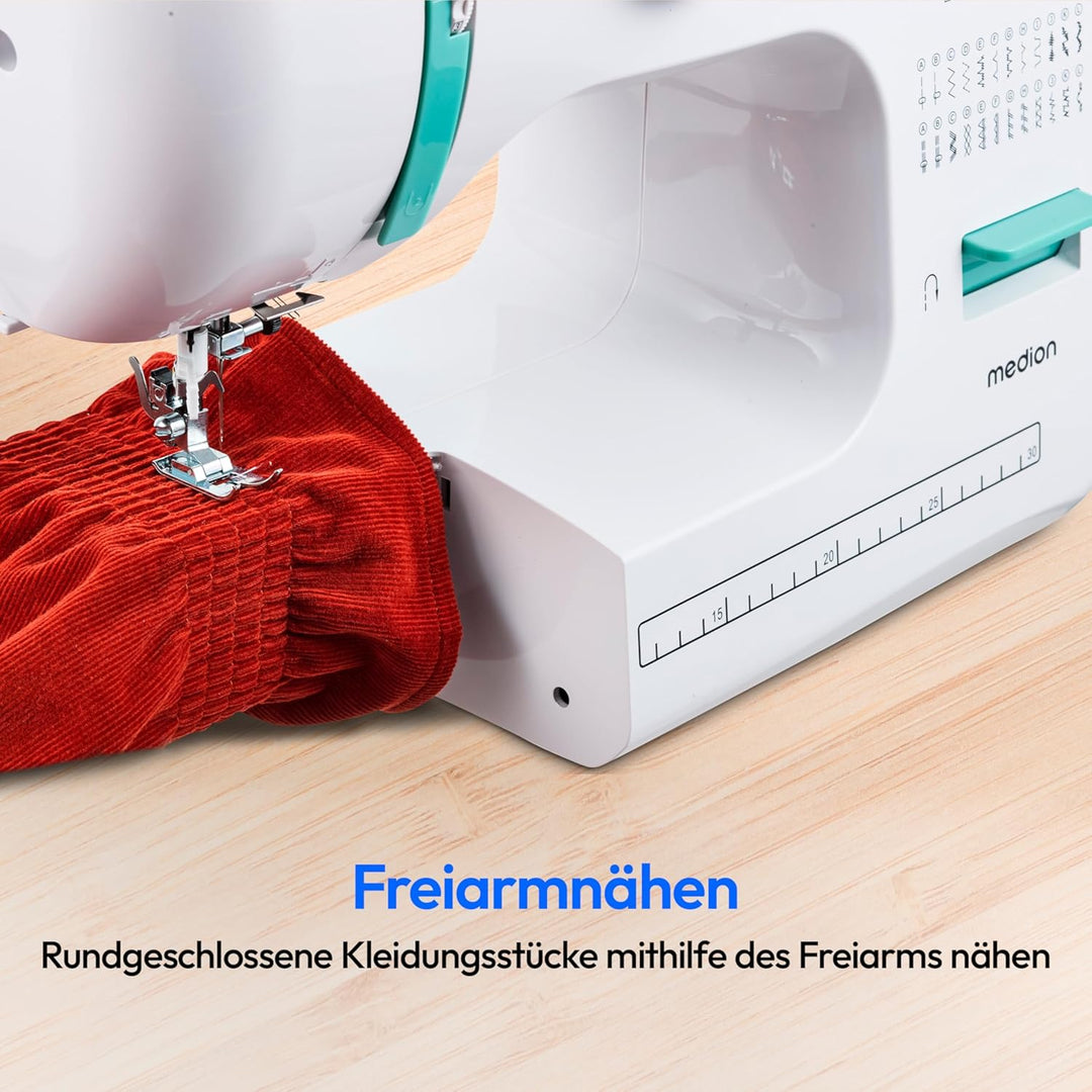 MEDION Freiarm-Nähmaschine SM60 (60 Watt, 60 verschiedene Stichmuster mit Knopflöchern, LED Nählicht
