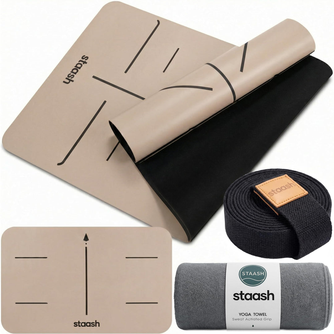 STAASH Premium Yogamatte Set – Rutschfest aus PU & Naturkautschuk (4,5mm) – Inkl. Yoga Handtuch, Gur