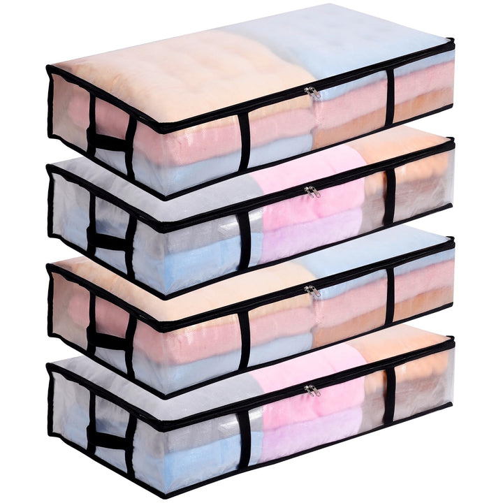 4 Stück 90L Unterbett Aufbewahrungsbox mit Deckel Gross, Transparente Unterbettkommode Faltbare Aufb