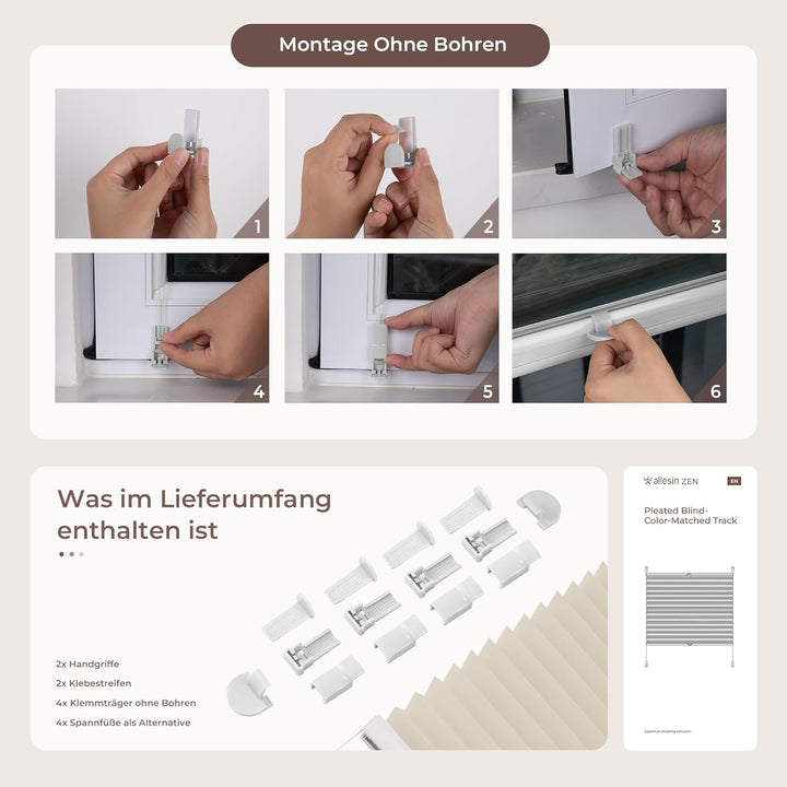 Plissee Klemmfix ohne Bohren, Beige 95 x 120 cm (BxH), Faltrollo Plisseerollo mit Klemmträger, Jalou