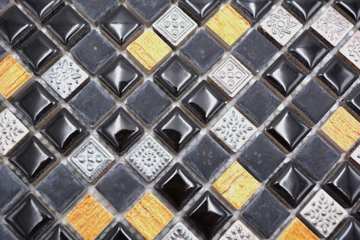 Mosaik Quadrat Resin/Stein mix schwarz mit kupfer Glasmosaik Rustikal, Mosaikstein Format: 15x15x8 m