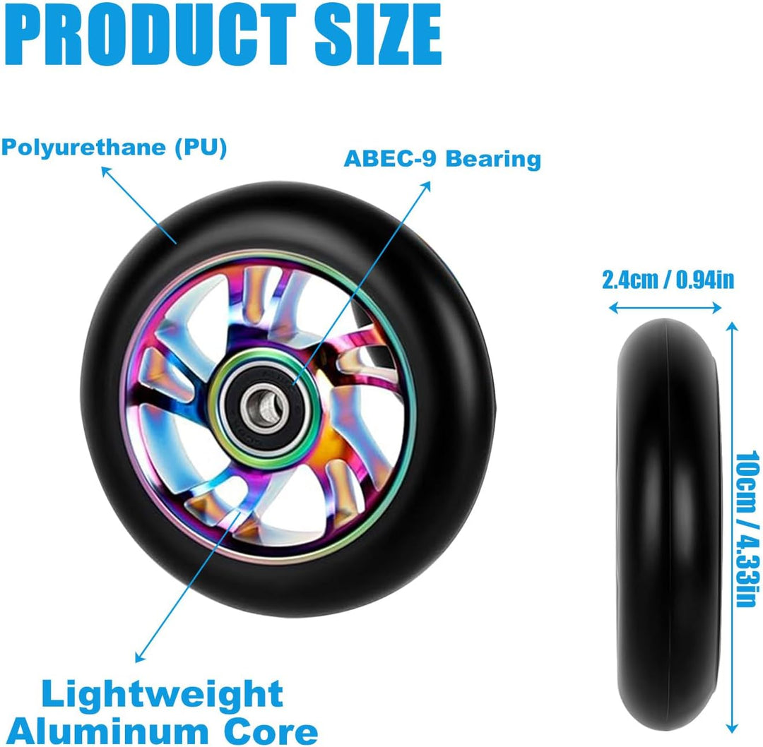 2 Stück Stunt Scooter Rollen 100 x 24mm, Ersatzräder 88A mit ABEC-9 Lagern aus Aluminium, Roller Rei