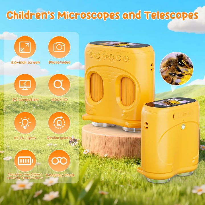 2-in-1 Digitales Mikroskop für Kinder und Teleskop, Temodu 4K 2.0" Bildschirm, 1000X USB tragbares T