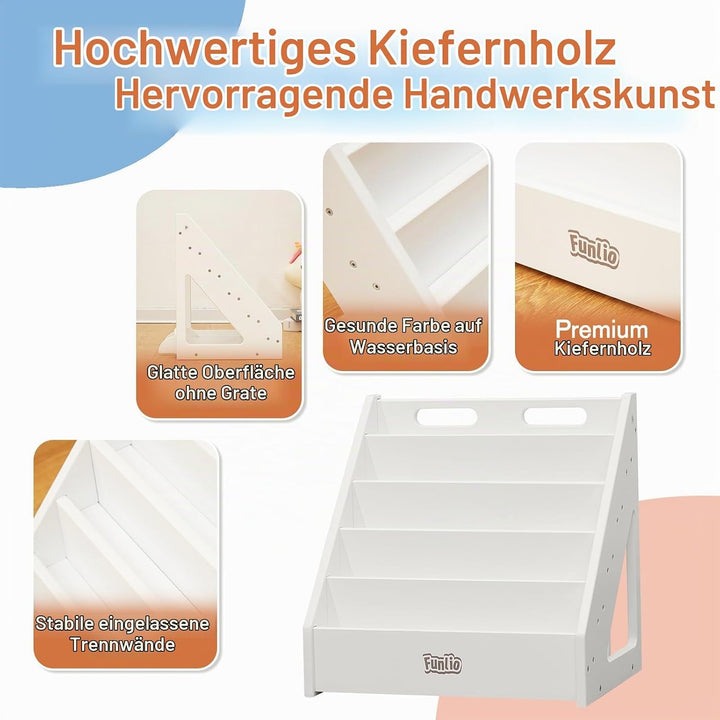 FUNLIO Montessori Bücherregal für Kleinkinder 1-5 Jahre, Nach Vor gerichtetes Bücherregal mit Griff