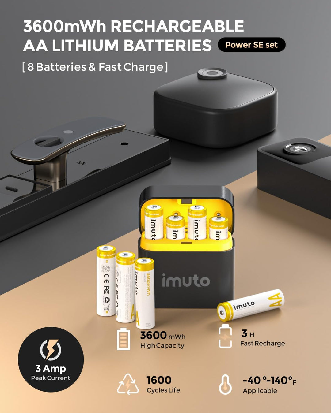 imuto wiederaufladbare Lithium AA Akku 8 stück mit Ladegerät, 3600 mWh hohe Kapazität 3 Ampere 100%