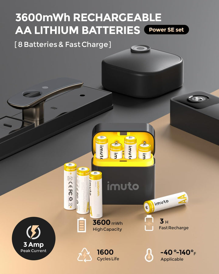 imuto wiederaufladbare Lithium AA Akku 8 stück mit Ladegerät, 3600 mWh hohe Kapazität 3 Ampere 100%