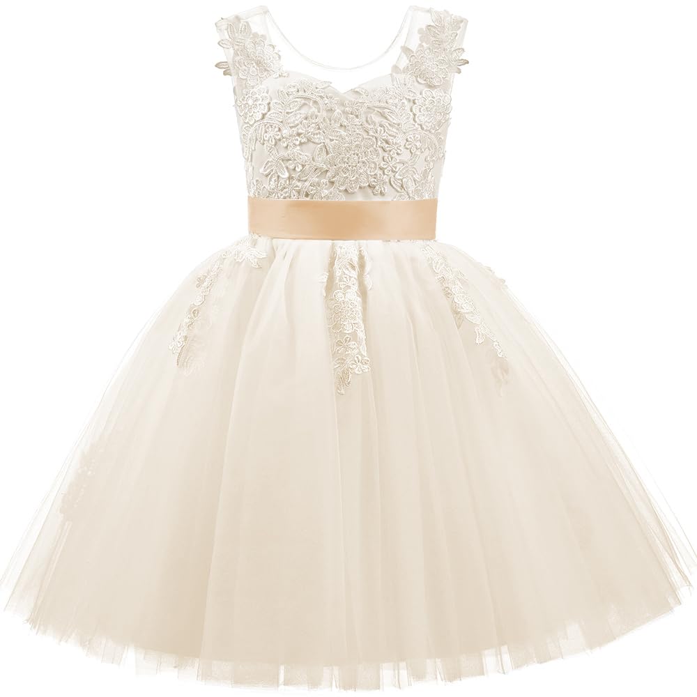 PLWEDDING Spitze V zurück Tüll Blumenmädchen Kleid Junior Mädchen Brautjungfer Hochzeit Partykleider