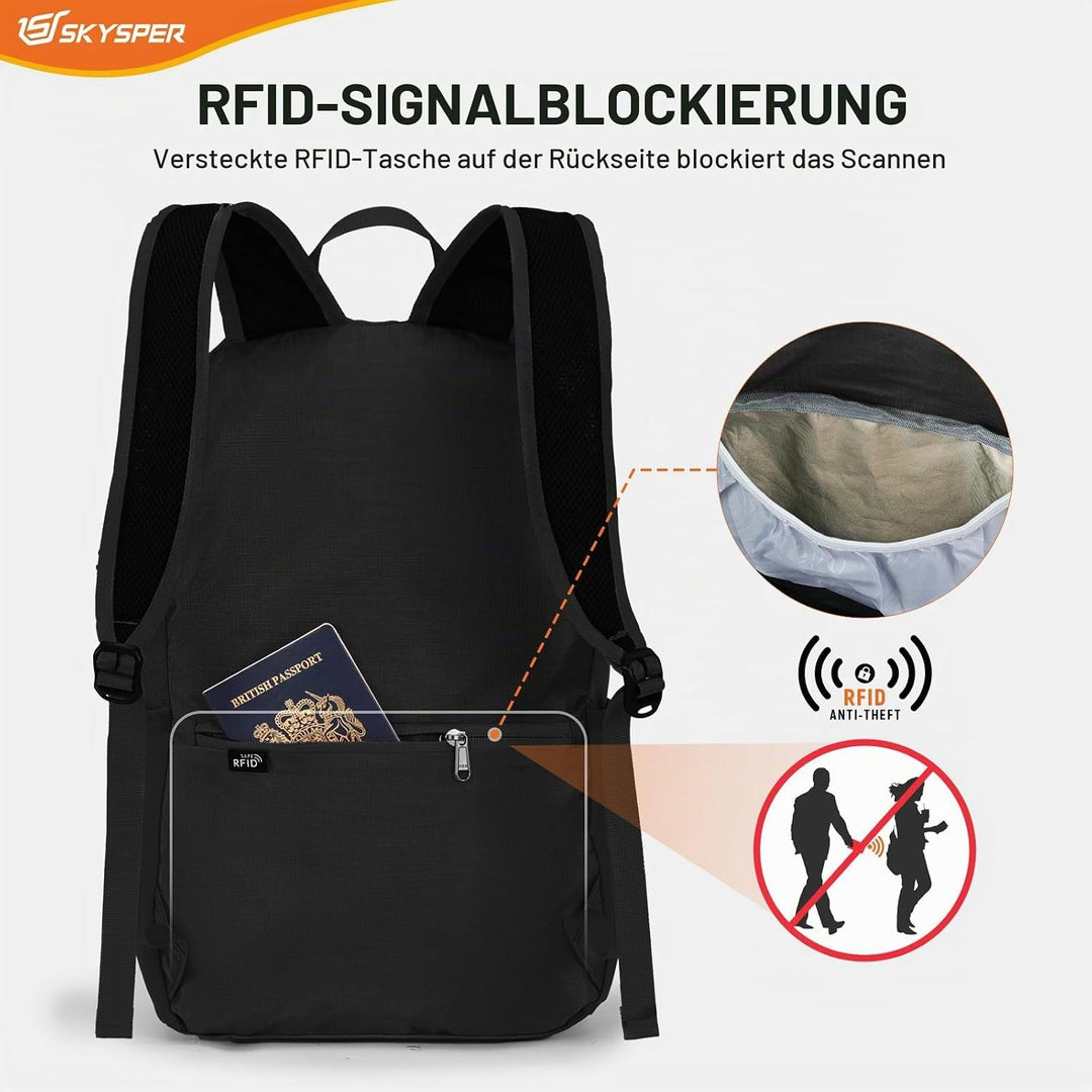 SKYSPER Faltbarer Rucksack RFID-Schutz, 20L kleiner Rucksack Wanderrucksack Damen Herren Tagesrucksa