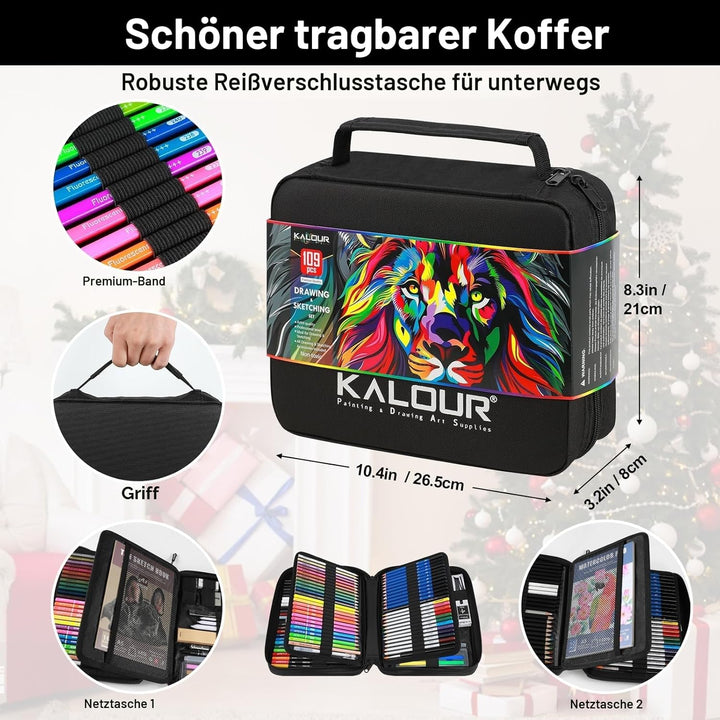 KALOUR PDAS 109 Zeichen Set Skizzenset, Pro Kunstbedarf mit Neon-, Farbstiften, Aquarell-, Metallic-