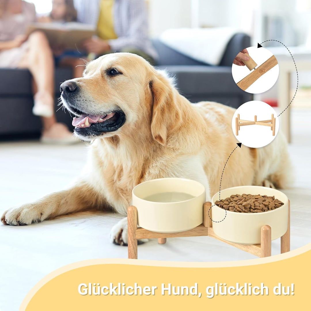SPUNKYJUNKY Hundenapf Keramik Fressnapf Erhöhter Futternapf Wassernapf mit Bambus Ständer für mittel