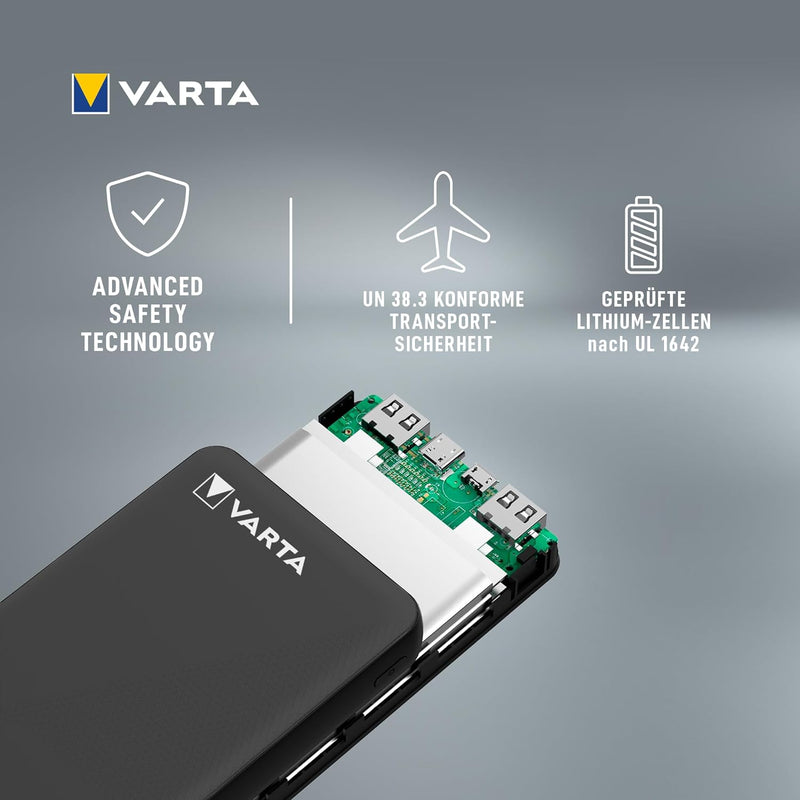 VARTA Power Bank 20000mAh, Powerbank Power on Demand mit 4 Anschlüssen (1x Micro USB, 2x USB A, 1x U