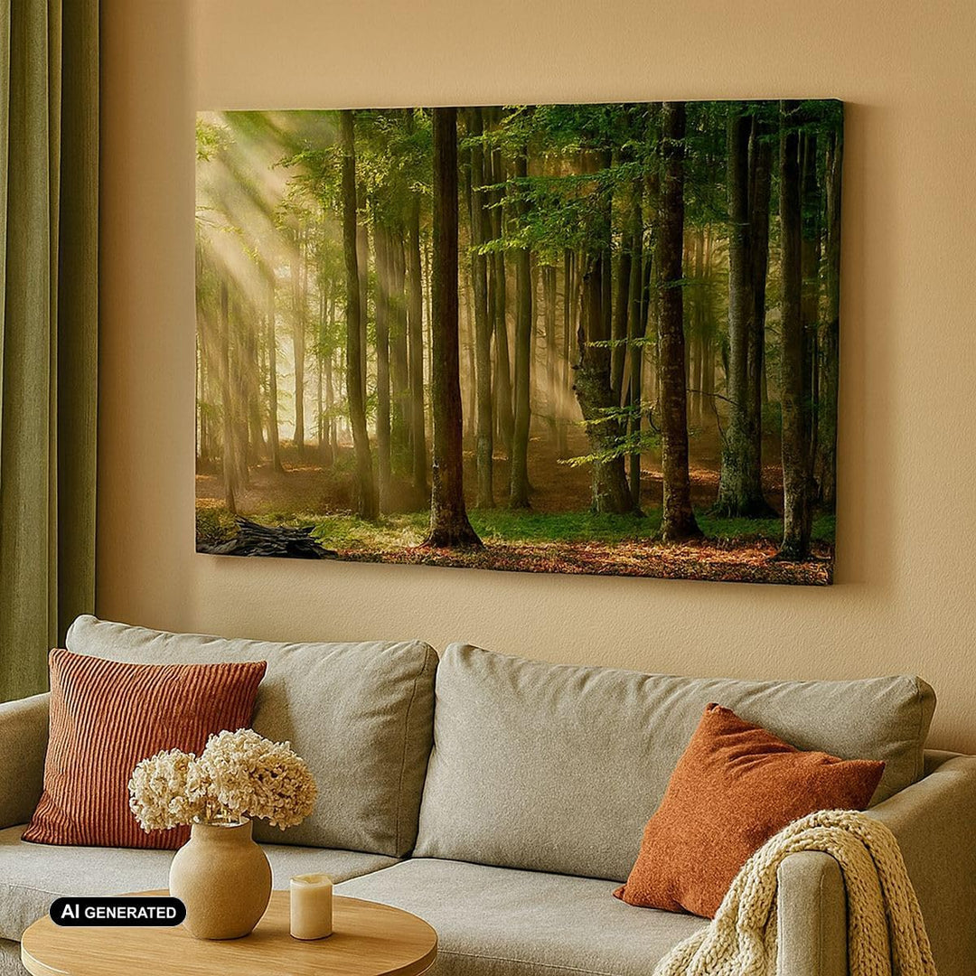 Bilder auf Leinwand 100x70cm Leinwandbild mit Rahmen Wald Baum Natur Gross Wanddeko Bild Schlafzimme