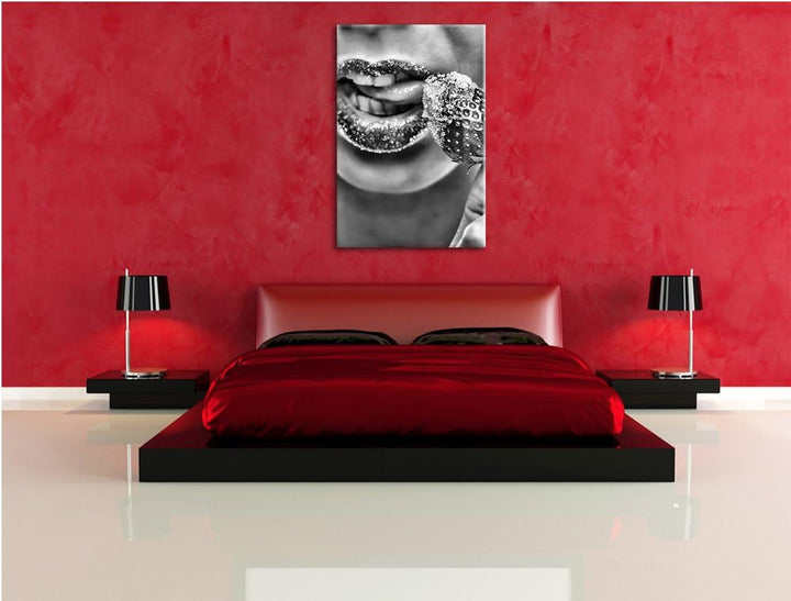 Pixxprint Erdbeere Zucker Lippen als Leinwandbild/Grösse: 100x70 / Wandbild/Kunstdruck/fertig bespan