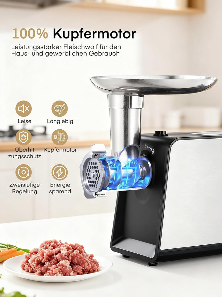FOHERE Elektrischer Fleischwolf, 3200W Max Hochleistungs-Edelstahl, 2 Messer, 3 Mahlscheiben, 3 Wurs