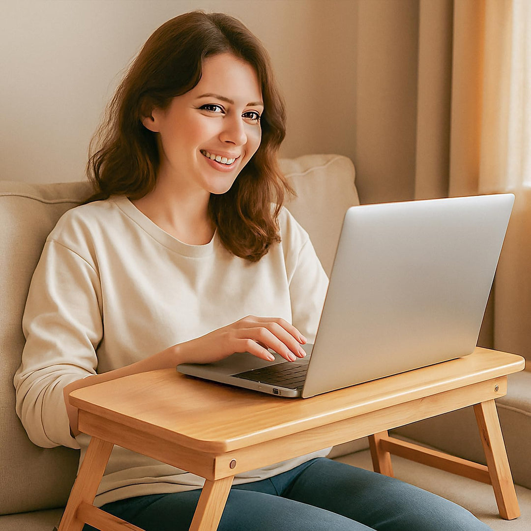 Klappbarer Laptoptisch, verstellbar mit Belüftung, Holzbettständer, Happy Sunday