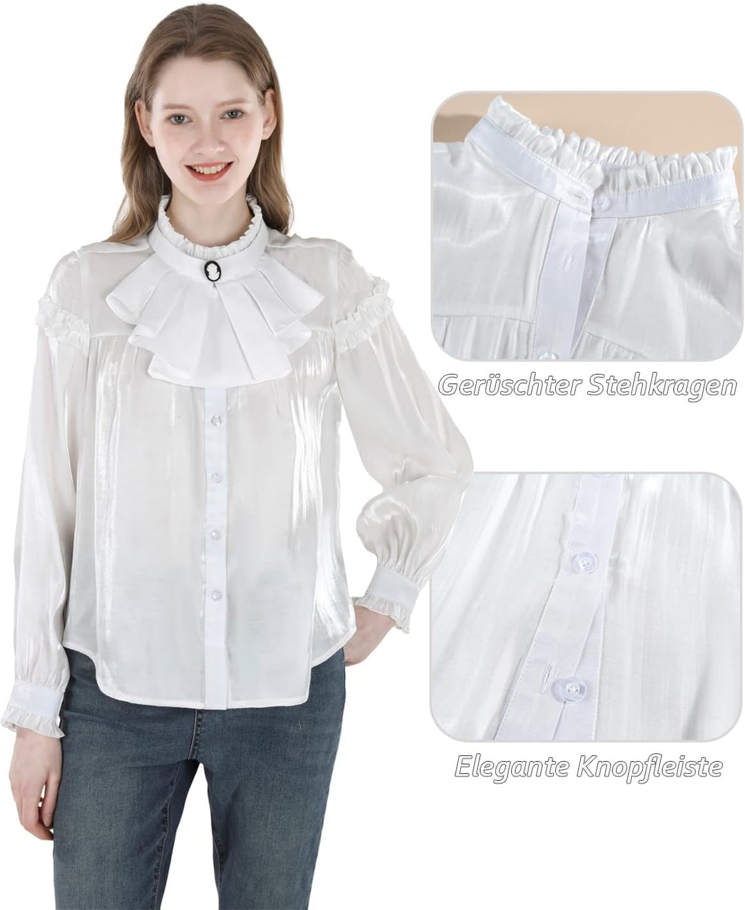 Damen Viktorianisch Bluse Vintage Schleifenhemd Stehkragen mit Ruff Langarmshirt Mittelalter Bluse L