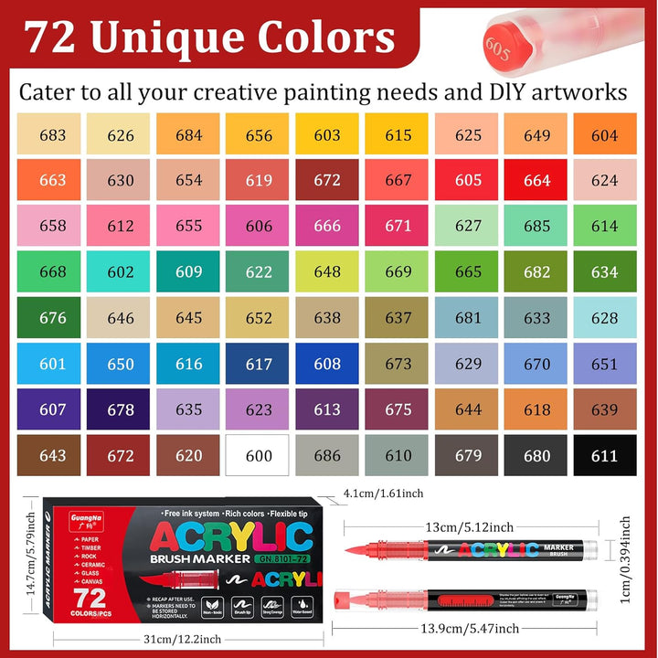 Acrylstifte, 72 Farben Acrylic Paint Marker mit flexibler Pinselspitze, Direktflüssigkeit Acrylic Br