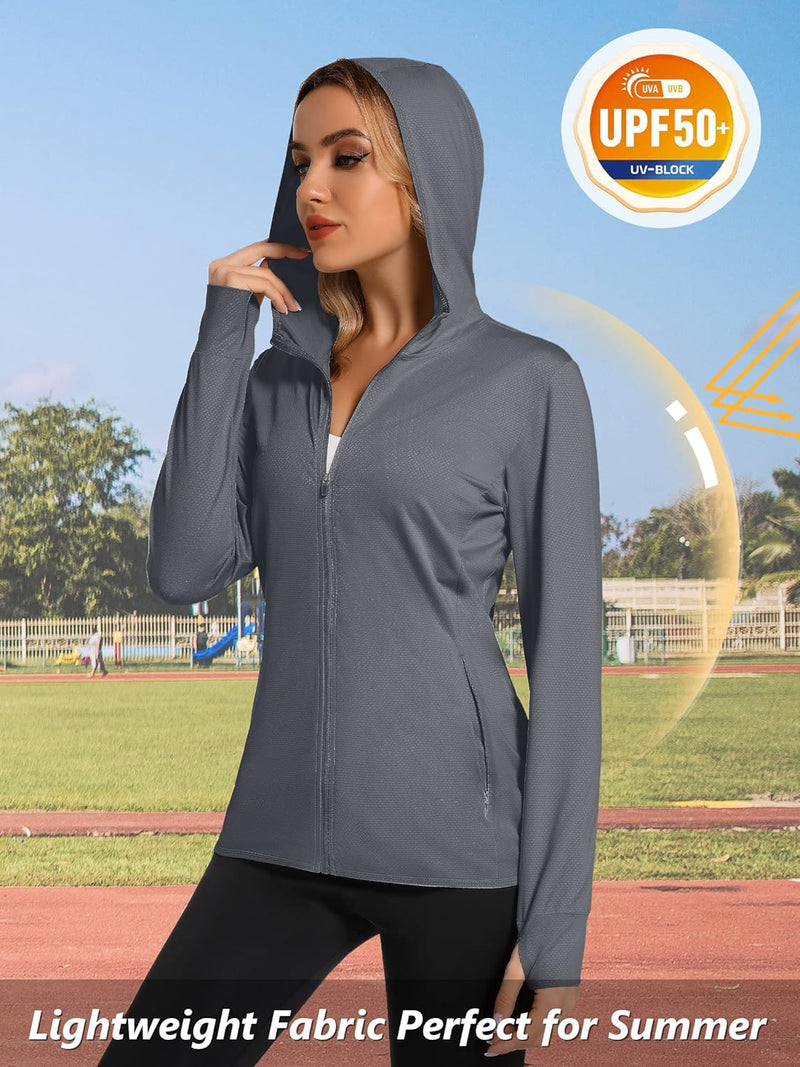 TACVASEN Damen UV Shirt Kapuze Jacke Langarm Laufshirt Schnelltrocknend Sportshirt Full Zip Sun Hood