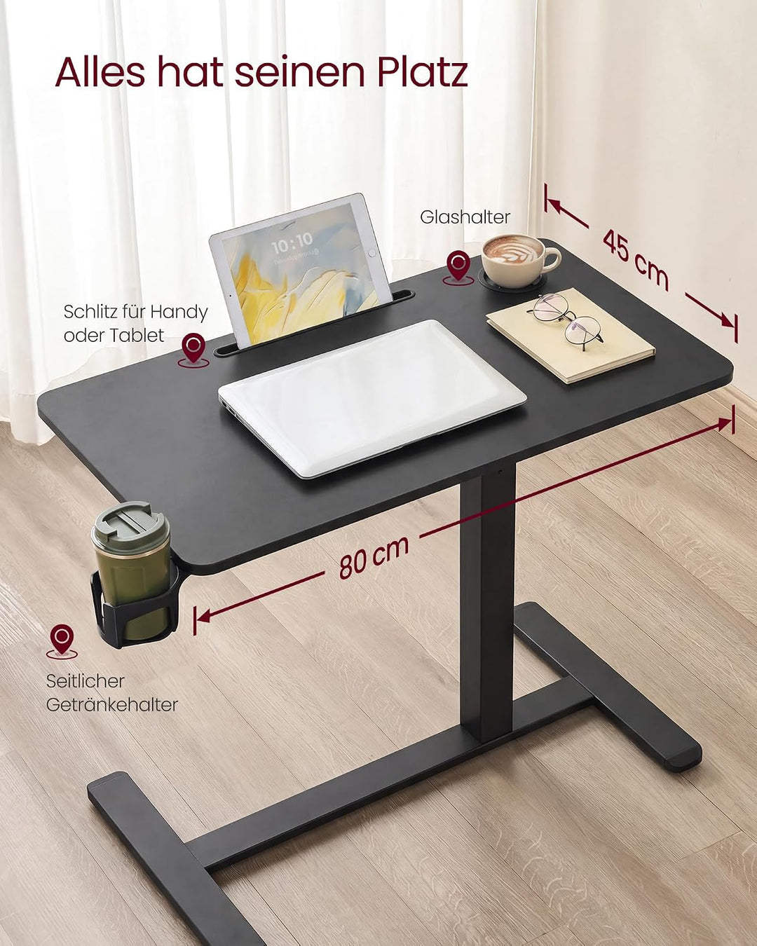 VASAGLE Beistelltisch mit Rollen, mobiler Stehtisch, 80 x 45 cm grosse Tischplatte, verstellbare Höh