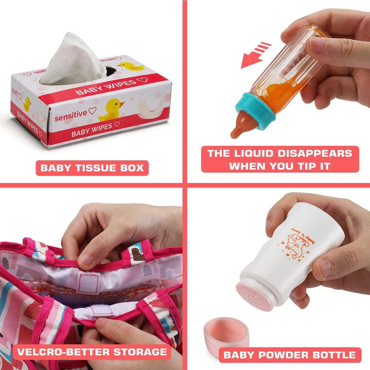 13-Teile Puppenzubehör, Fütter & Pflege Set Mit Windeltasche, Puppenwindel, Magischen Fläschchen, Wi