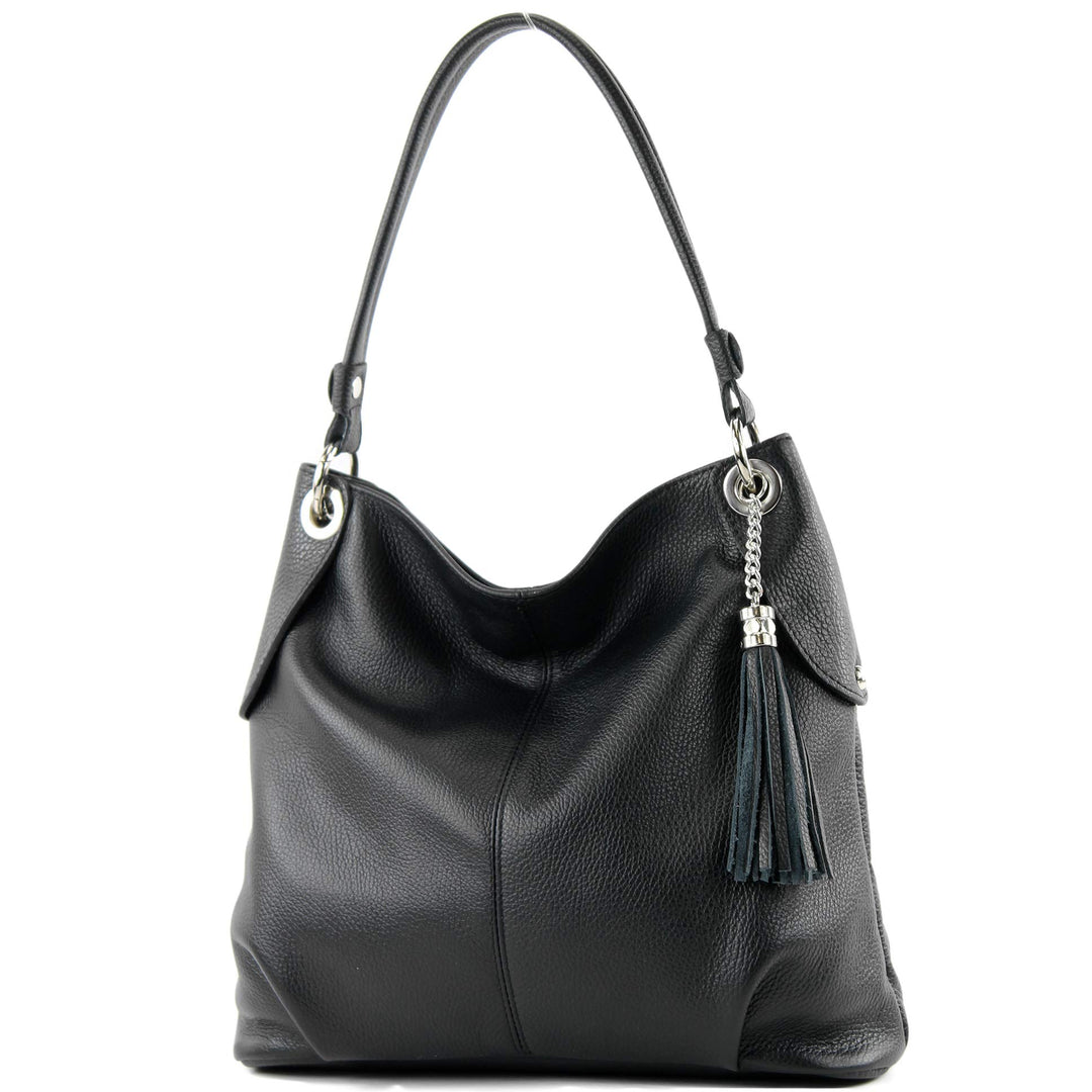 modamoda de T185 Damen Leder Schultertasche, handmade in Italy Schwarz, Schwarz