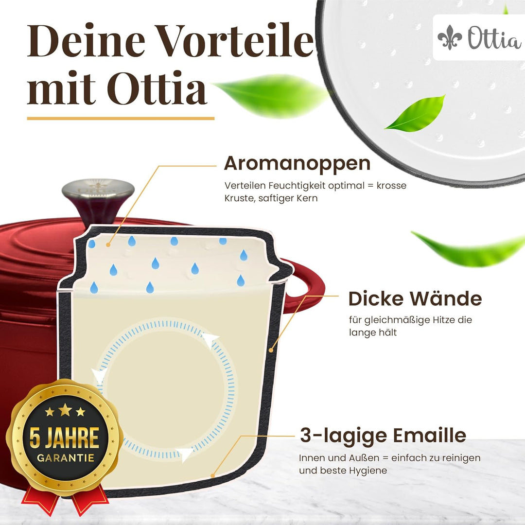 Ottia Gusseisen Topf brot backen [inkl. Gärkorb] - Emaille Topf 26cm - Dutch Oven, Brotbackform, Bro