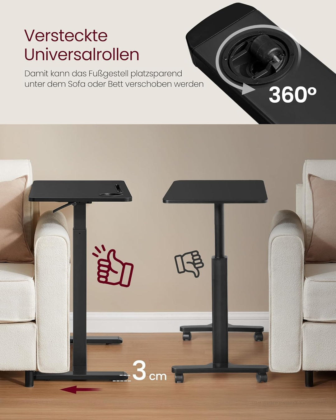 VASAGLE Beistelltisch mit Rollen, mobiler Stehtisch, 70 x 40 cm grosse Tischplatte, verstellbare Höh