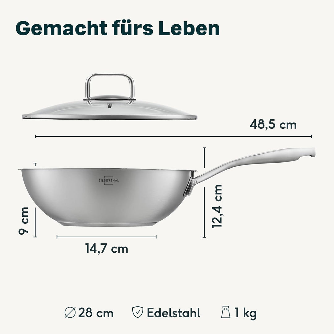 SILBERTHAL Wokpfanne mit Deckel beschichtet Induktion 28 cm - Edelstahl Wok zum Frittieren und Brate