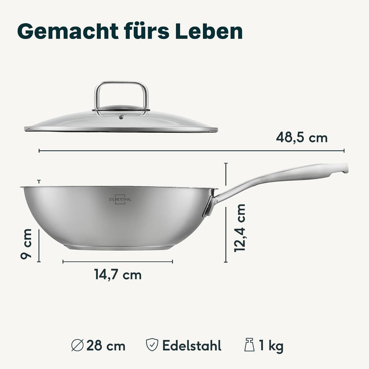 SILBERTHAL Wokpfanne mit Deckel beschichtet Induktion 28 cm - Edelstahl Wok zum Frittieren und Brate