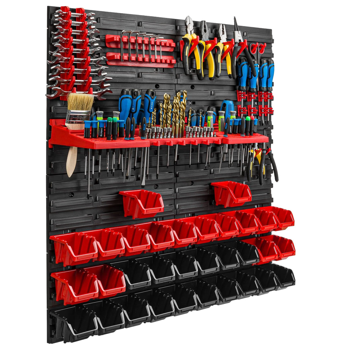 Lagersystem Werkstattregal | 78 x 78 cm | 32 stck. Box | Wandregal mit Werkzeughalterungen und Stape