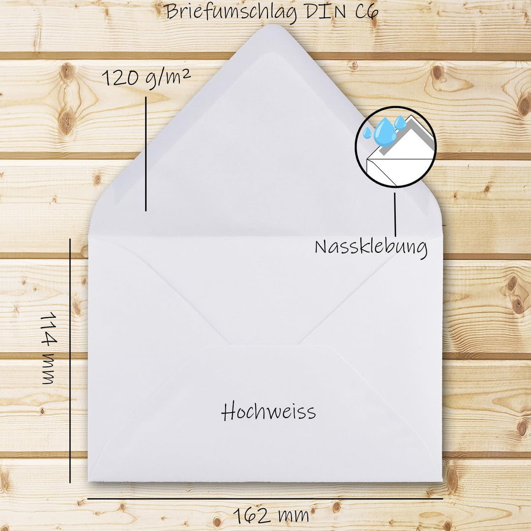 250 Brief-Umschläge - Hoch-Weiss - DIN C6-114 x 162 mm - Kuverts mit Nassklebung ohne Fenster für Gr