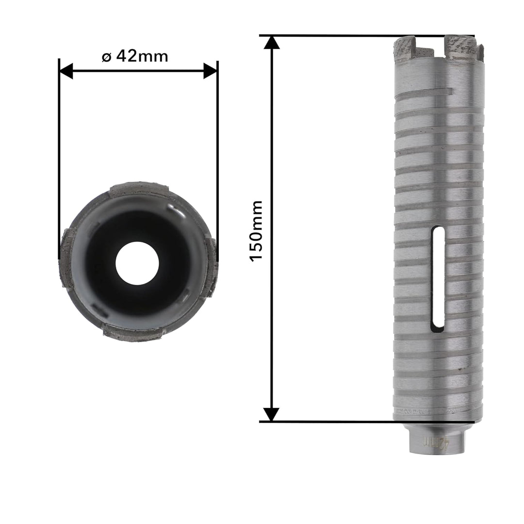 PRODIAMANT Diamant Bohrkrone ø 42mm Nutzlänge 150mm mit SDS Adapter lasergeschweisst für trocken Boh