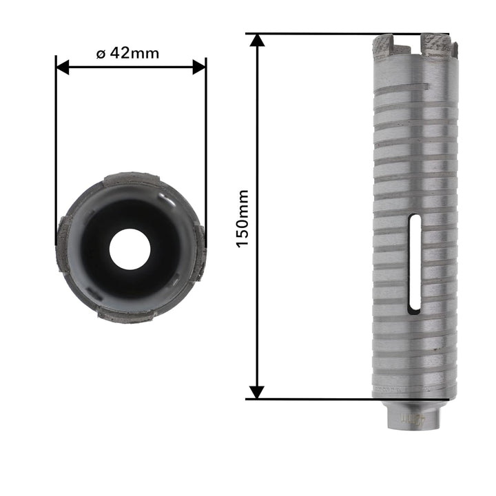 PRODIAMANT Diamant Bohrkrone ø 42mm Nutzlänge 150mm mit SDS Adapter lasergeschweisst für trocken Boh