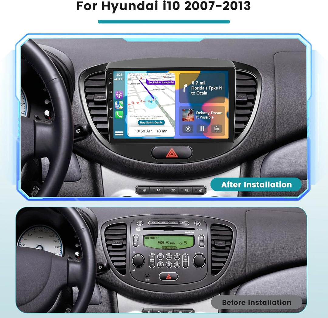Hikity 2+64G Autoradio Navi Für Hyundai i10 2007-2013 mit Wireless Carplay Android Auto Mirror Link,