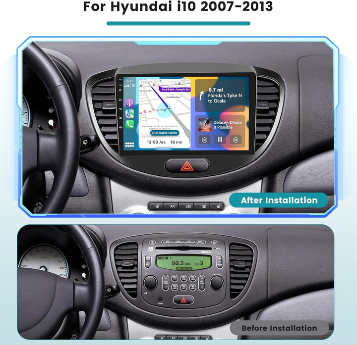 Hikity 2+64G Autoradio Navi Für Hyundai i10 2007-2013 mit Wireless Carplay Android Auto Mirror Link,