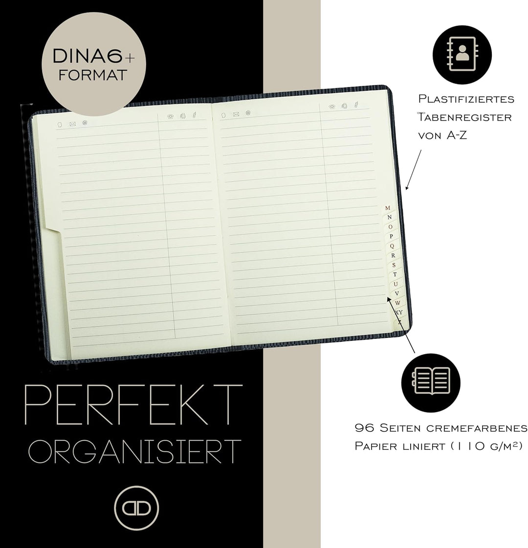 DELMON VARONE - Personalisierbares Adressbuch DIN A6+ gebunden mit A-Z Register Pagila Leder schwarz