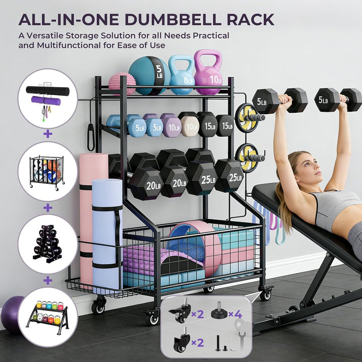 4-stufiges Hantelregal, multifunktional &amp; breitenverstellbar, Aufbewahrung für Hanteln, Kettlebells,