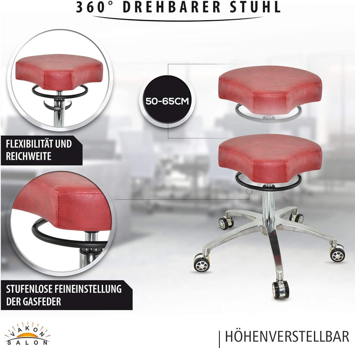 Design ergonomischer Rollhocker auf Rollen Rot - Höhenverstellbarer von 50 bis 65 cm - Drehhocker Ar