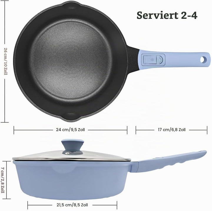 Pfanne 24cm mit Deckel, Aluminium Bratpfanne Hoher Rand mit Abnehmbarer Griff, Schmorpfanne 24 cm fü