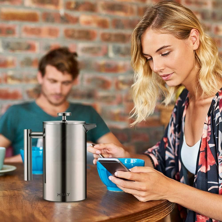 MaxMiuly Kaffeebereiter 1 Liter French Press, Doppelwandig Edelstahl Kaffeepresse Caffettiera, Therm
