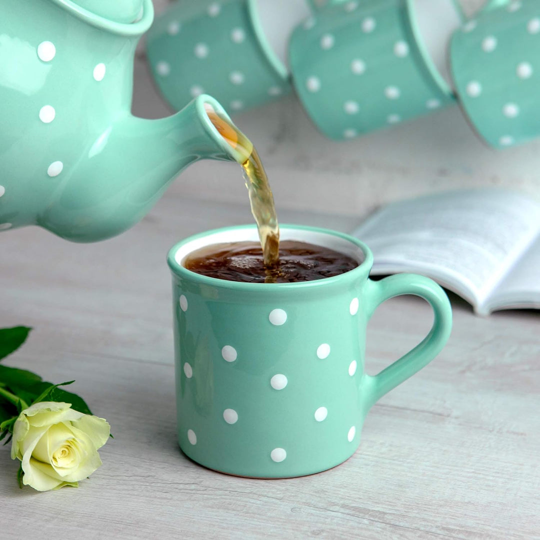 City to Cottage® - Keramik XXL Becher 500 ml | Kaffeebecher | Türkis und Weiss | Polka Dots | Handge