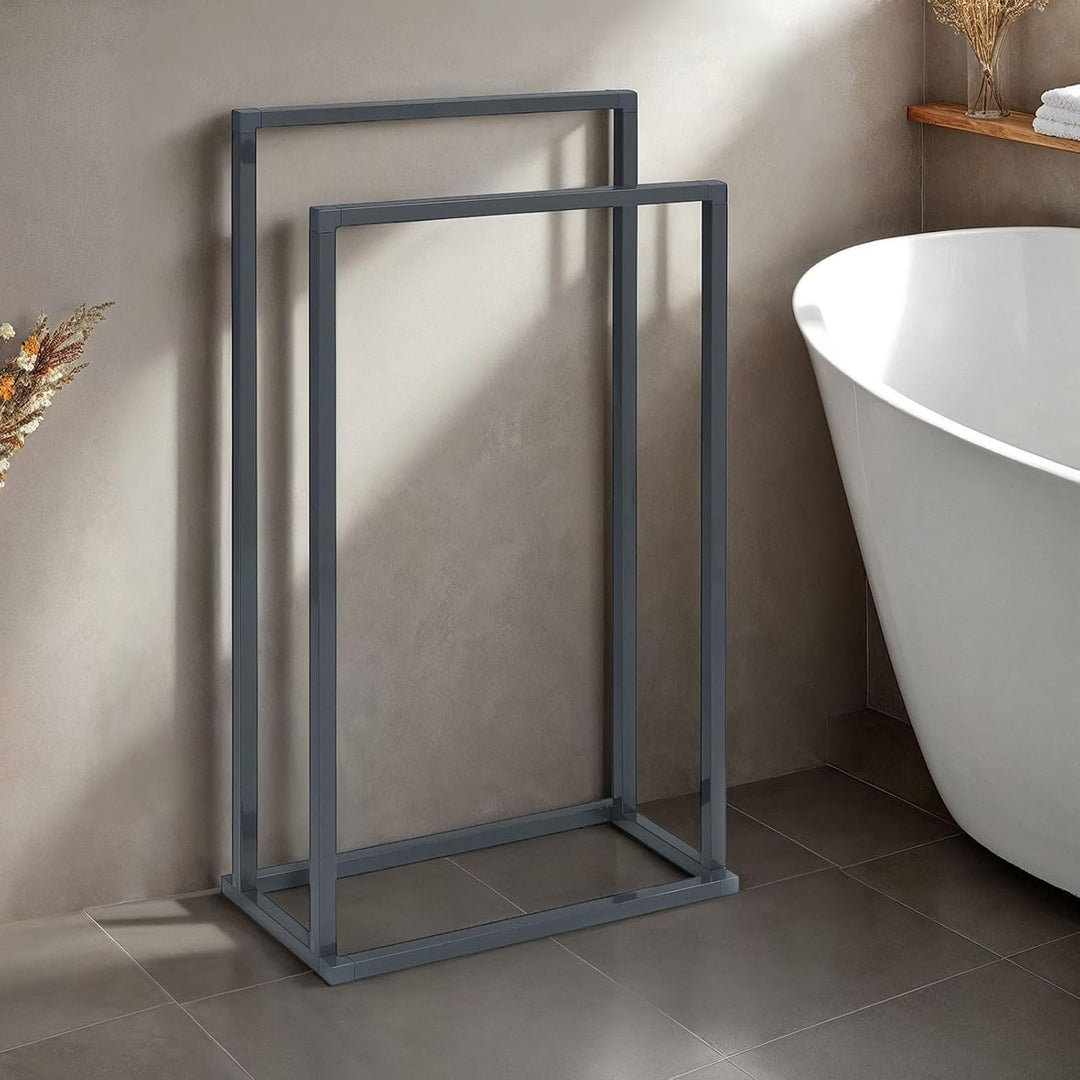 Handtuchhalter MAILO mit 2 Stangen, Grau - Handtuchständer aus Metall, Badetuchhalter freistehend un