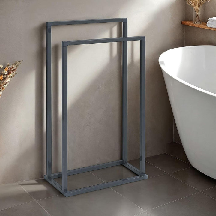 Handtuchhalter MAILO mit 2 Stangen, Grau - Handtuchständer aus Metall, Badetuchhalter freistehend un