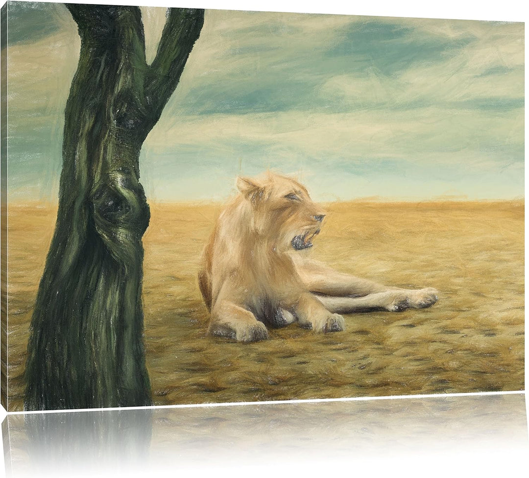 Pixxprint Löwin Ruhe Savanne als Leinwandbild/Grösse: 100x70 cm/Wandbild/Kunstdruck/fertig bespannt,