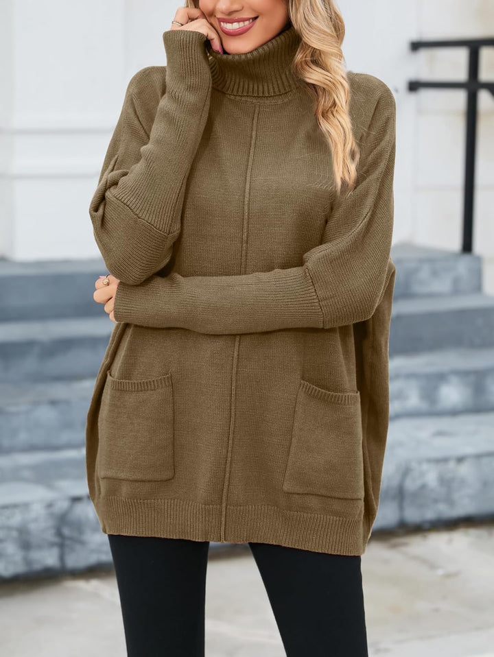 Famulily Basic Dicke Warm Herbst Winter Fledermausärmel Strick Damen Rollkragenpullover Mit Taschen