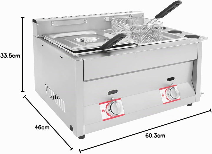 Kommerzielle Gas Fritteuse 10L+10L Doppeltank, Edelstahl Frittiermaschine mit 2 Frittierkörben &amp; Dec
